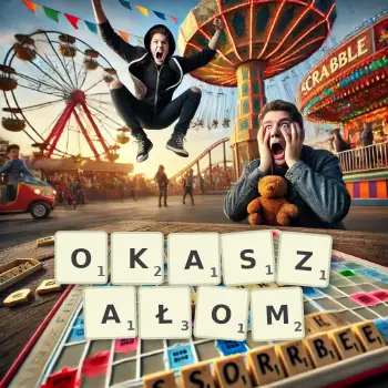 Kreatywna ilustracja do gry w Scrabble ze słowem OKASZAŁOM ułożonym z płytek na planszy.
