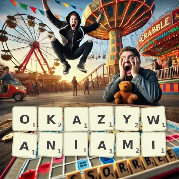 Kreatywna ilustracja do gry w Scrabble ze słowem OKAZYWANIAMI ułożonym z płytek na planszy.