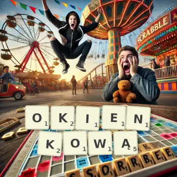 Kreatywna ilustracja do gry w Scrabble ze słowem OKIENKOWĄ ułożonym z płytek na planszy.