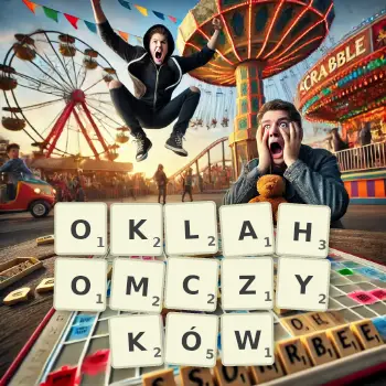 Kreatywna ilustracja do gry w Scrabble ze słowem OKLAHOMCZYKÓW ułożonym z płytek na planszy.