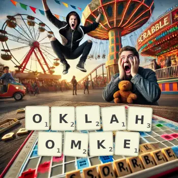 Kreatywna ilustracja do gry w Scrabble ze słowem OKLAHOMKE ułożonym z płytek na planszy.