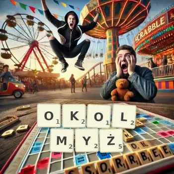 Kreatywna ilustracja do gry w Scrabble ze słowem OKOLMYŻ ułożonym z płytek na planszy.