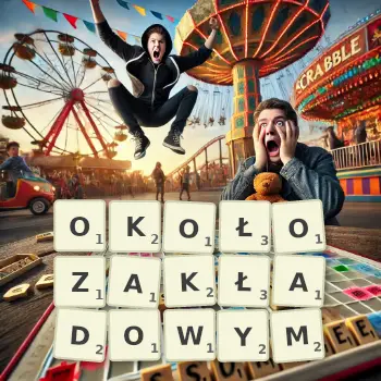 Kreatywna ilustracja do gry w Scrabble ze słowem OKOŁOZAKŁADOWYM ułożonym z płytek na planszy.