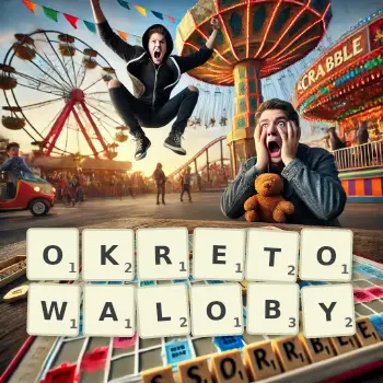 Kreatywna ilustracja do gry w Scrabble ze słowem OKRETOWALOBY ułożonym z płytek na planszy.