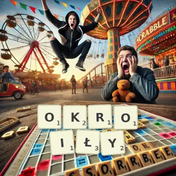 Kreatywna ilustracja do gry w Scrabble ze słowem OKROIŁY ułożonym z płytek na planszy.
