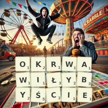 Kreatywna ilustracja do gry w Scrabble ze słowem OKRWAWIŁYBYŚCIE ułożonym z płytek na planszy.