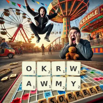 Kreatywna ilustracja do gry w Scrabble ze słowem OKRWAWMY ułożonym z płytek na planszy.