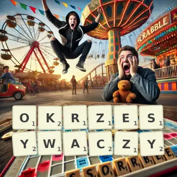 Kreatywna ilustracja do gry w Scrabble ze słowem OKRZESYWACZY ułożonym z płytek na planszy.