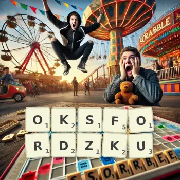 Kreatywna ilustracja do gry w Scrabble ze słowem OKSFORDZKU ułożonym z płytek na planszy.