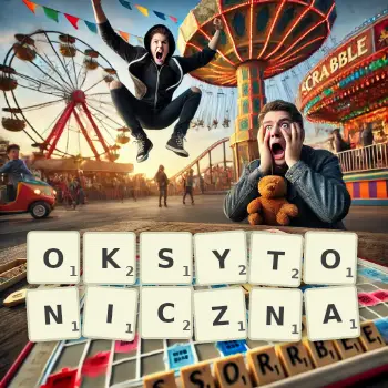 Kreatywna ilustracja do gry w Scrabble ze słowem OKSYTONICZNA ułożonym z płytek na planszy.