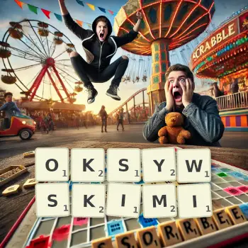 Kreatywna ilustracja do gry w Scrabble ze słowem OKSYWSKIMI ułożonym z płytek na planszy.