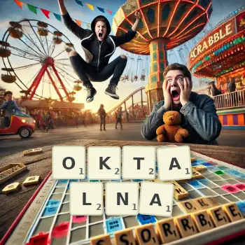 Kreatywna ilustracja do gry w Scrabble ze słowem OKTALNA ułożonym z płytek na planszy.