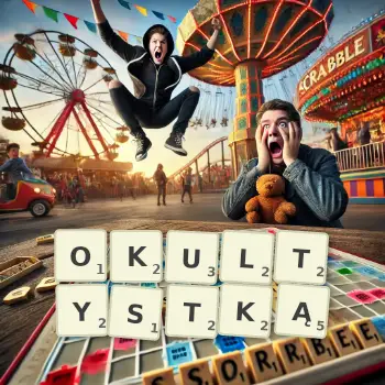 Kreatywna ilustracja do gry w Scrabble ze słowem OKULTYSTKĄ ułożonym z płytek na planszy.