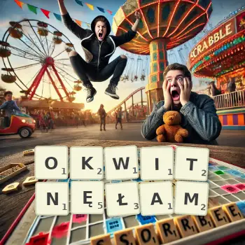 Kreatywna ilustracja do gry w Scrabble ze słowem OKWITNĘŁAM ułożonym z płytek na planszy.