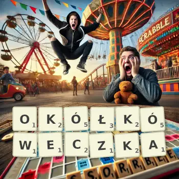 Kreatywna ilustracja do gry w Scrabble ze słowem OKÓŁKÓWECZKA ułożonym z płytek na planszy.