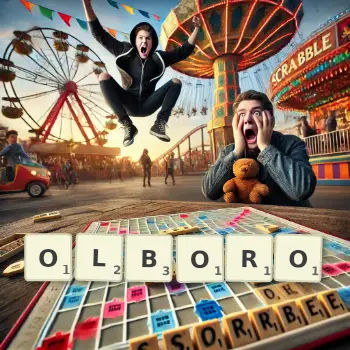 Kreatywna ilustracja do gry w Scrabble ze słowem OLBORO ułożonym z płytek na planszy.