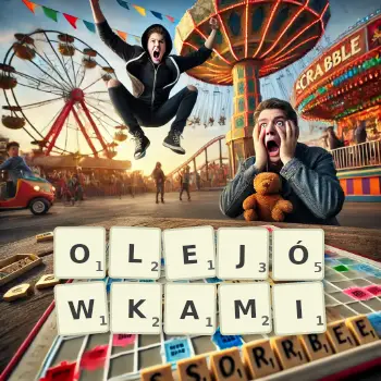 Kreatywna ilustracja do gry w Scrabble ze słowem OLEJÓWKAMI ułożonym z płytek na planszy.