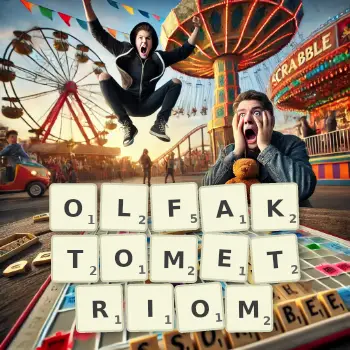 Kreatywna ilustracja do gry w Scrabble ze słowem OLFAKTOMETRIOM ułożonym z płytek na planszy.