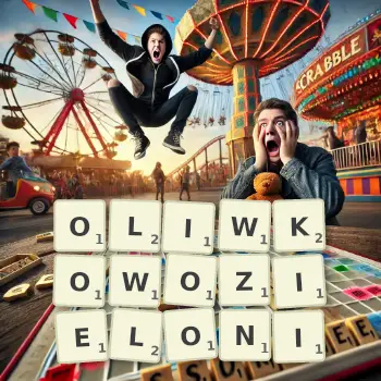 Kreatywna ilustracja do gry w Scrabble ze słowem OLIWKOWOZIELONI ułożonym z płytek na planszy.