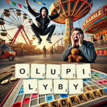 Kreatywna ilustracja do gry w Scrabble ze słowem OLUPILYBY ułożonym z płytek na planszy.