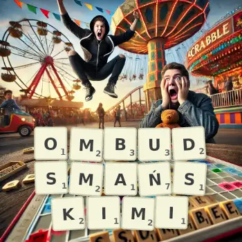 Kreatywna ilustracja do gry w Scrabble ze słowem OMBUDSMAŃSKIMI ułożonym z płytek na planszy.