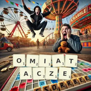 Kreatywna ilustracja do gry w Scrabble ze słowem OMIATACZE ułożonym z płytek na planszy.