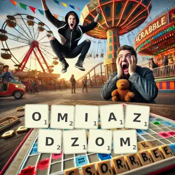 Kreatywna ilustracja do gry w Scrabble ze słowem OMIAZDZOM ułożonym z płytek na planszy.