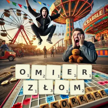 Kreatywna ilustracja do gry w Scrabble ze słowem OMIERZŁOM ułożonym z płytek na planszy.
