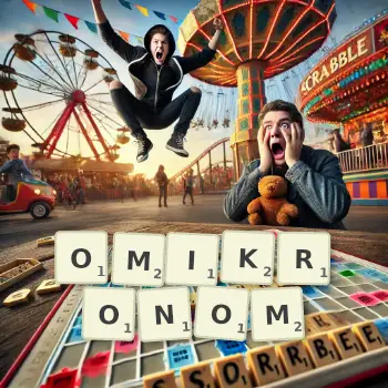 Kreatywna ilustracja do gry w Scrabble ze słowem OMIKRONOM ułożonym z płytek na planszy.