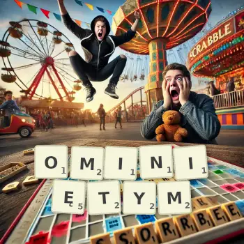 Kreatywna ilustracja do gry w Scrabble ze słowem OMINIĘTYM ułożonym z płytek na planszy.