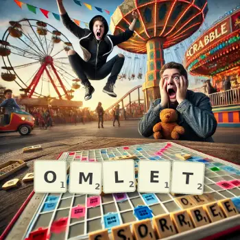 Kreatywna ilustracja do gry w Scrabble ze słowem OMLET ułożonym z płytek na planszy.