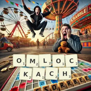 Kreatywna ilustracja do gry w Scrabble ze słowem OMLOCKACH ułożonym z płytek na planszy.