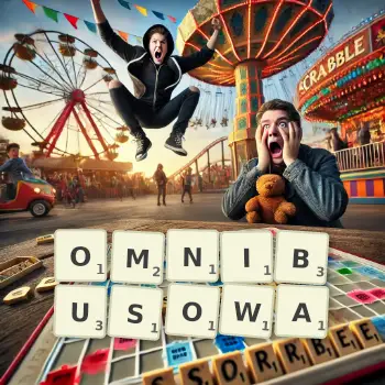Kreatywna ilustracja do gry w Scrabble ze słowem OMNIBUSOWA ułożonym z płytek na planszy.