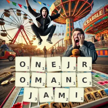 Kreatywna ilustracja do gry w Scrabble ze słowem ONEJROMANCJAMI ułożonym z płytek na planszy.