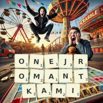 Kreatywna ilustracja do gry w Scrabble ze słowem ONEJROMANTKAMI ułożonym z płytek na planszy.