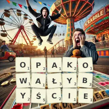 Kreatywna ilustracja do gry w Scrabble ze słowem OPAKOWAŁYBYŚCIE ułożonym z płytek na planszy.