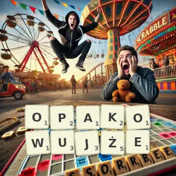 Kreatywna ilustracja do gry w Scrabble ze słowem OPAKOWUJŻE ułożonym z płytek na planszy.