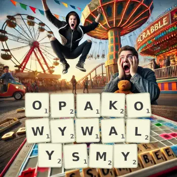 Kreatywna ilustracja do gry w Scrabble ze słowem OPAKOWYWALYSMY ułożonym z płytek na planszy.
