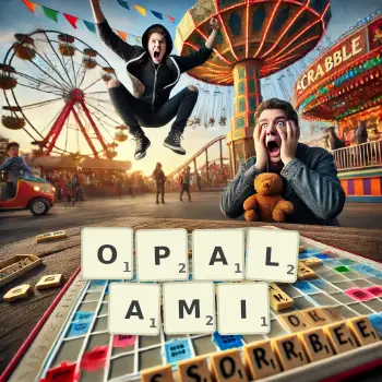 Kreatywna ilustracja do gry w Scrabble ze słowem OPALAMI ułożonym z płytek na planszy.