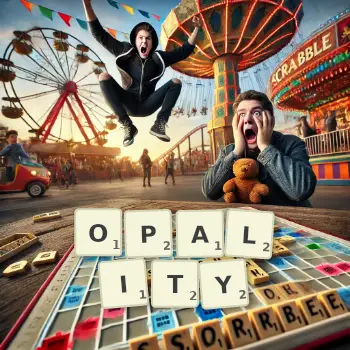 Kreatywna ilustracja do gry w Scrabble ze słowem OPALITY ułożonym z płytek na planszy.