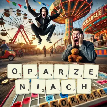 Kreatywna ilustracja do gry w Scrabble ze słowem OPARZENIACH ułożonym z płytek na planszy.
