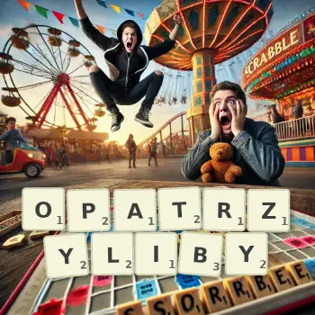 Kreatywna ilustracja do gry w Scrabble ze słowem OPATRZYLIBY ułożonym z płytek na planszy.