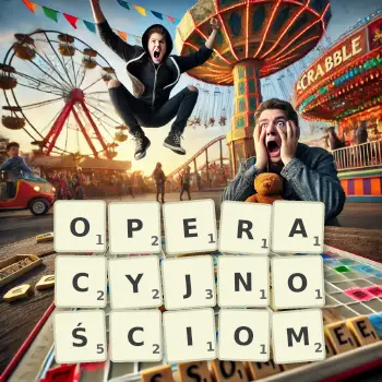Kreatywna ilustracja do gry w Scrabble ze słowem OPERACYJNOŚCIOM ułożonym z płytek na planszy.