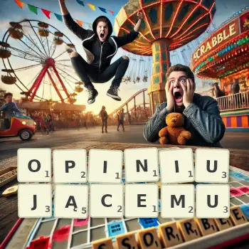 Kreatywna ilustracja do gry w Scrabble ze słowem OPINIUJĄCEMU ułożonym z płytek na planszy.