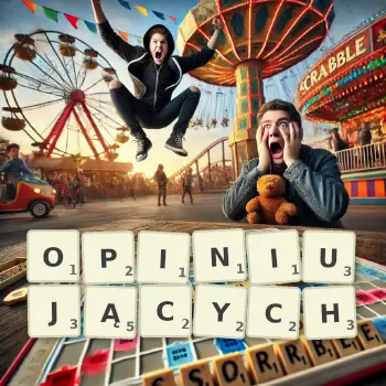 Kreatywna ilustracja do gry w Scrabble ze słowem OPINIUJĄCYCH ułożonym z płytek na planszy.