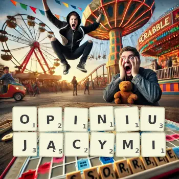 Kreatywna ilustracja do gry w Scrabble ze słowem OPINIUJĄCYMI ułożonym z płytek na planszy.