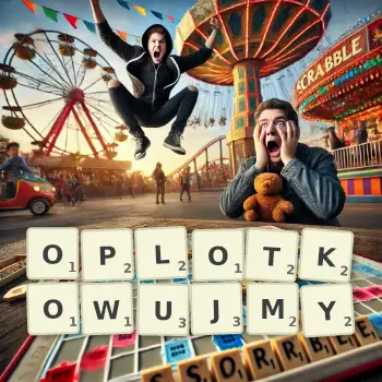 Kreatywna ilustracja do gry w Scrabble ze słowem OPLOTKOWUJMY ułożonym z płytek na planszy.