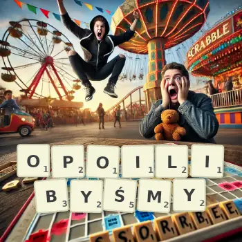 Kreatywna ilustracja do gry w Scrabble ze słowem OPOILIBYŚMY ułożonym z płytek na planszy.