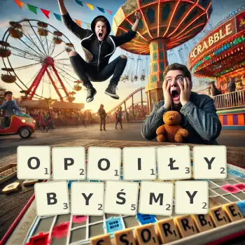 Kreatywna ilustracja do gry w Scrabble ze słowem OPOIŁYBYŚMY ułożonym z płytek na planszy.