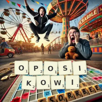 Kreatywna ilustracja do gry w Scrabble ze słowem OPOSIKOWI ułożonym z płytek na planszy.